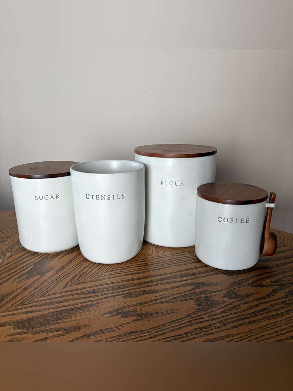 Magnolia White Canister Set with Wooden Lids - Sugar, Flour, Coffee, Utensils